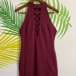 crossed front neckline slim burgundy dress